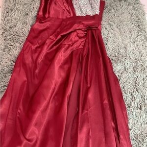 Elegant Red Satin Gown with Beaded Bodice